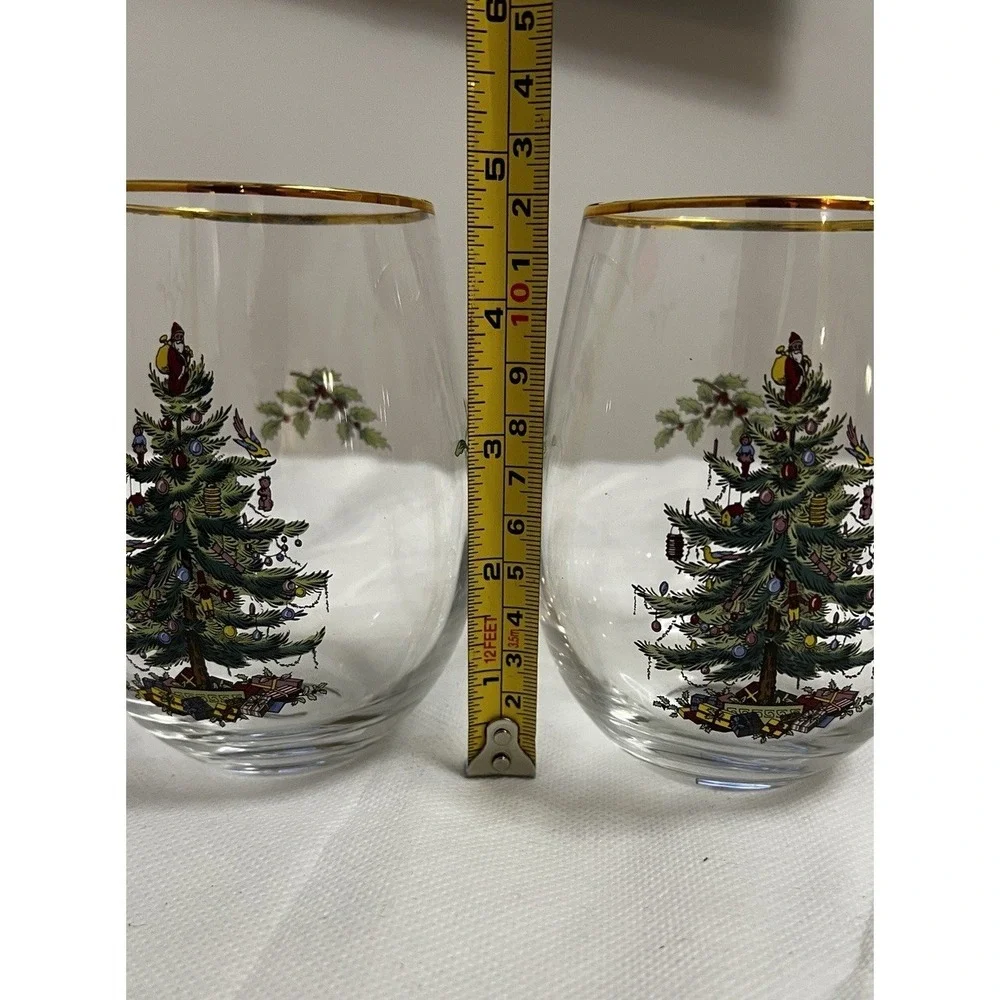 Spode Christmas Tree Stemless Wine Glasses Holiday Tablescape Grandmillennial